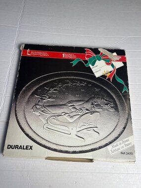 Duralex 13” VTG Christmas Platter Embossed Santa Sleigh Design Tempered Glass